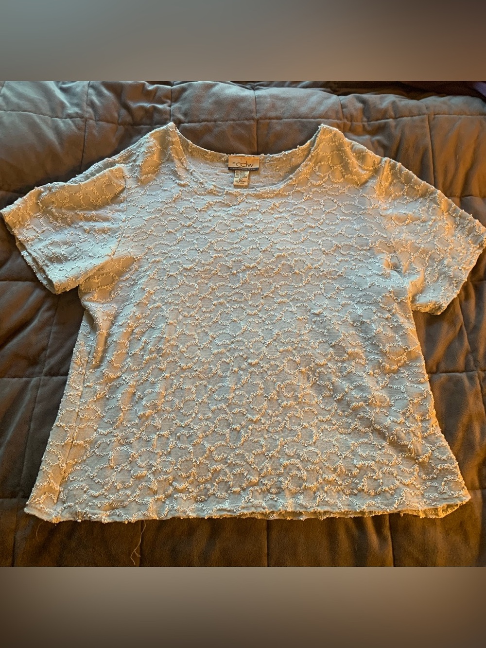 Vintage Y2K Short-Sleeve Blouse with Patterned Lace/Crochet Design in Silver